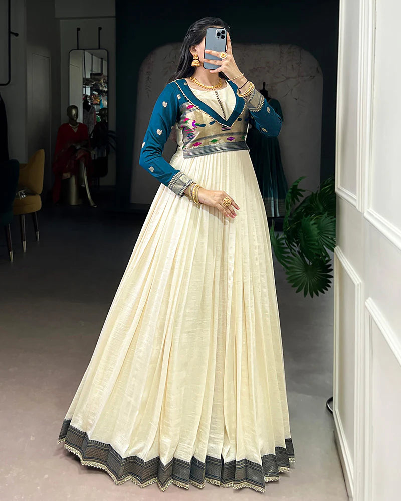 Womenline Off-White Color Vichitra Silk Zari Weaving Gown