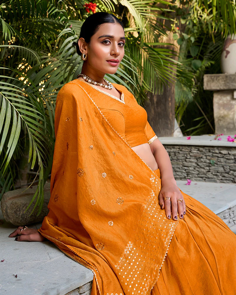 Womenline Yellow Color Pure Chanderi Plain Navratri Half Saree