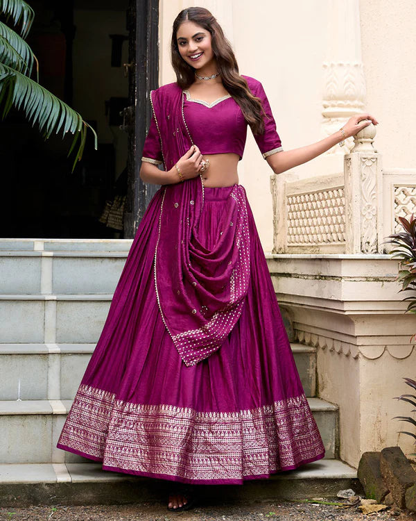 Womenline Wine Color Pure Chanderi Plain Navratri Half Saree