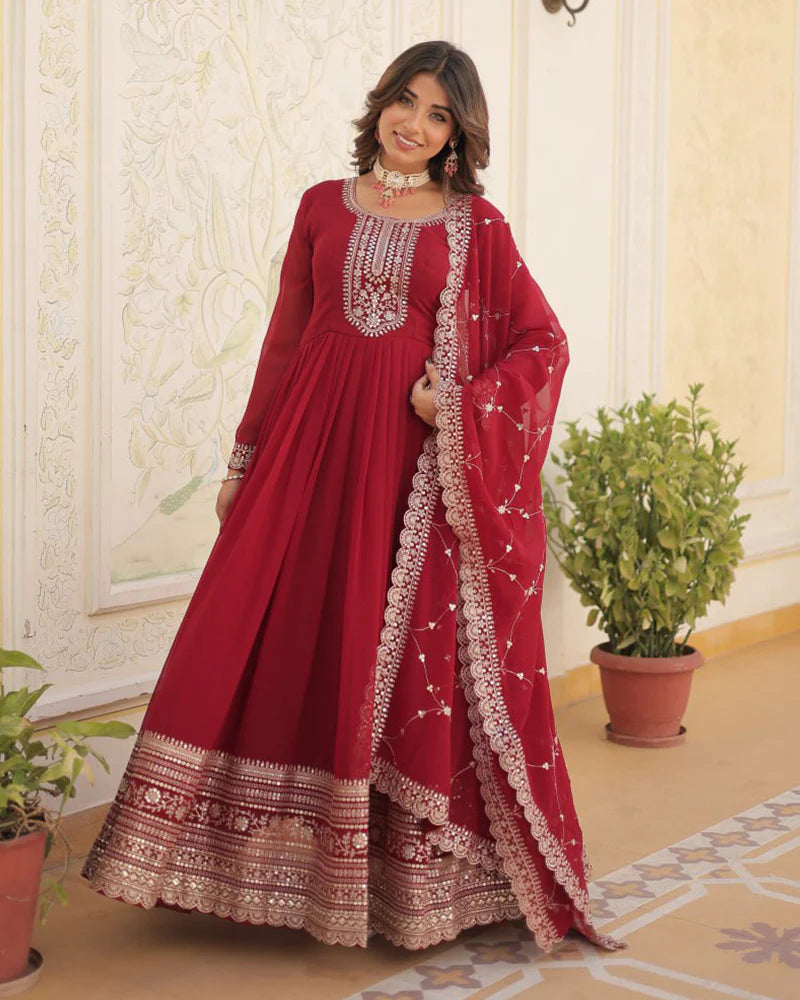 Womenline Maroon Color Faux Blooming Rich Sequence Embroidered Gown