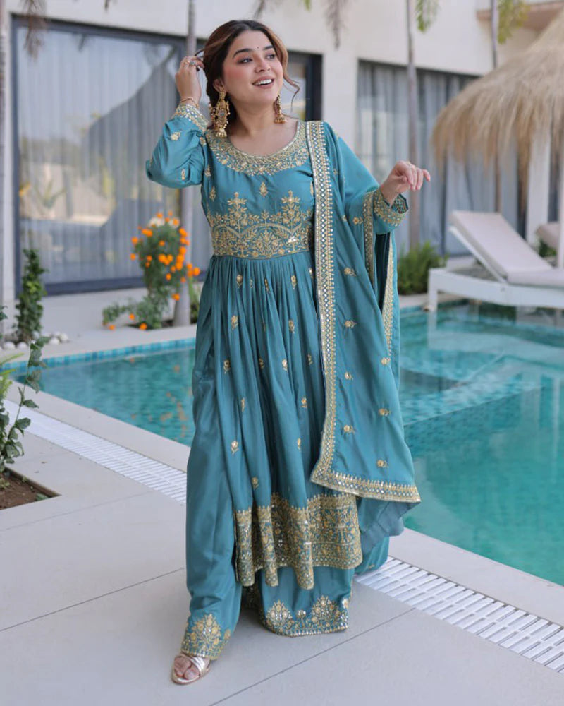 Womenline Dusty Teal Color Super Silk Embroidered Sharara Suit