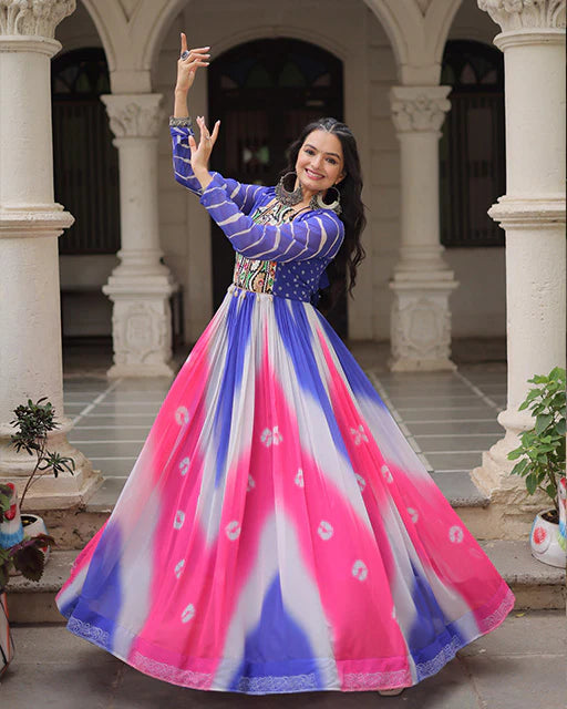Womenline Blue Color Faux Georgette Bandhej Print Navratri Gown