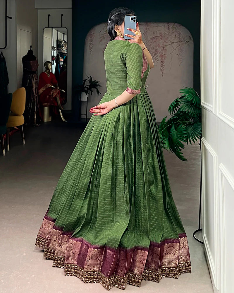 Womenline Mehndi Color Dola Chex Zari Weaving Gown