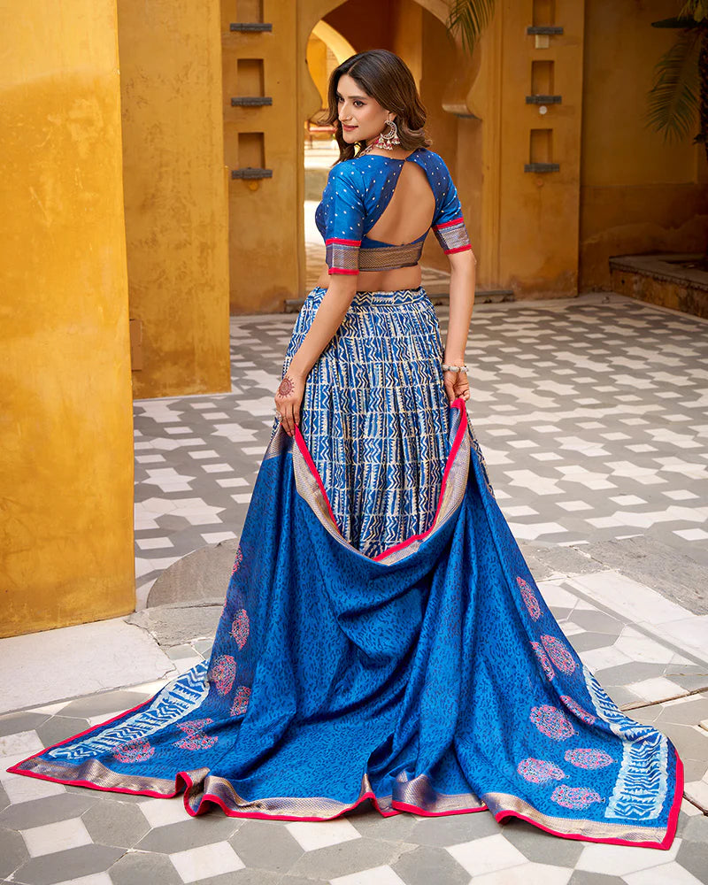Womenline Blue Color Dola Silk Batik Printed Lehenga Choli