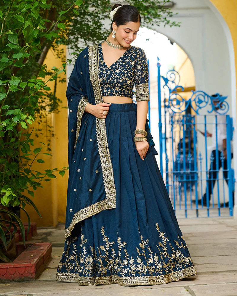 Womenline Rama Color Vichitra Silk Thread Embroidered Lehenga Choli