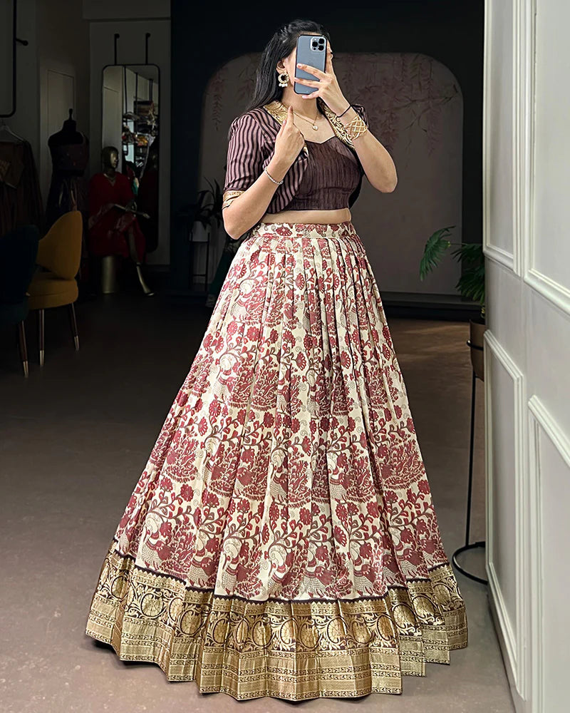 Womenline Brown Color Tasar Silk Viscose Printed Lehenga Choli