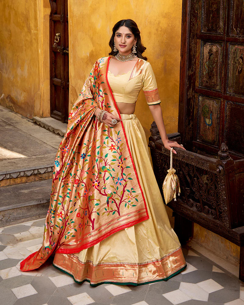 Womenline Cream Color Paithani Silk Zari Weaving Lehenga Choli