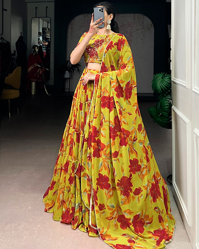 Womenline Olive Yellow Color Marble Floral Printed Lehenga Choli