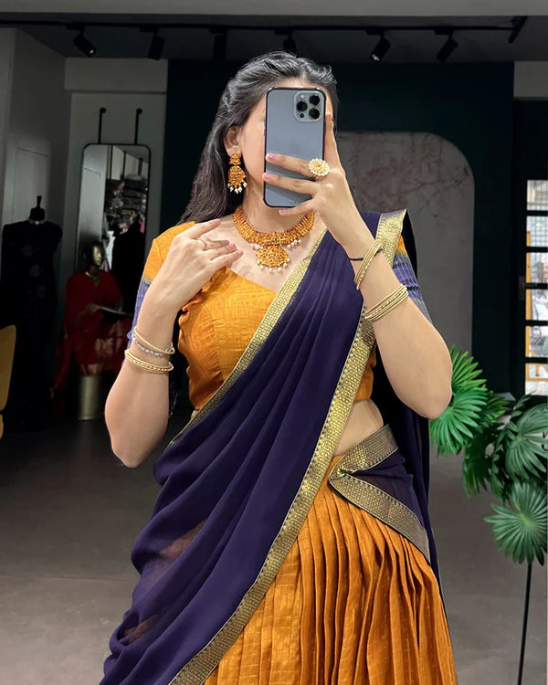 Womenline Mustard Color Dola Chex Zari Weaving Half Saree