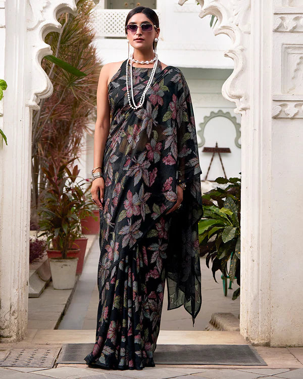 Womenline Black Color Lurex Brasso Viscose Saree