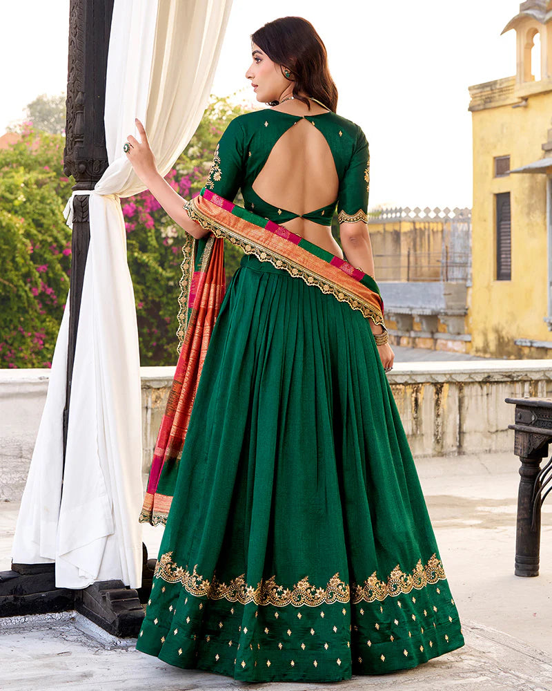 Womenline Designer Green Color Vichitra Silk Embroidered Lehenga Choli