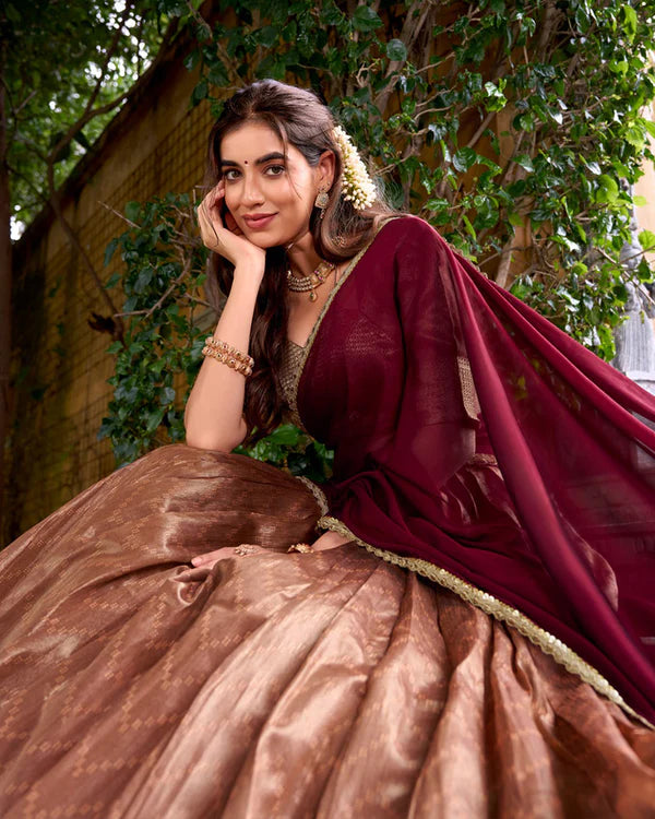 Womenline Peach Color Dupion Silk Zari Weaving Half Saree