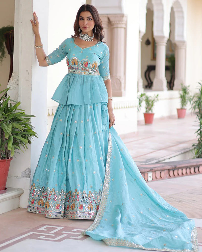 Womenline Sky Color Gold Crush Embroidered Lehenga Choli