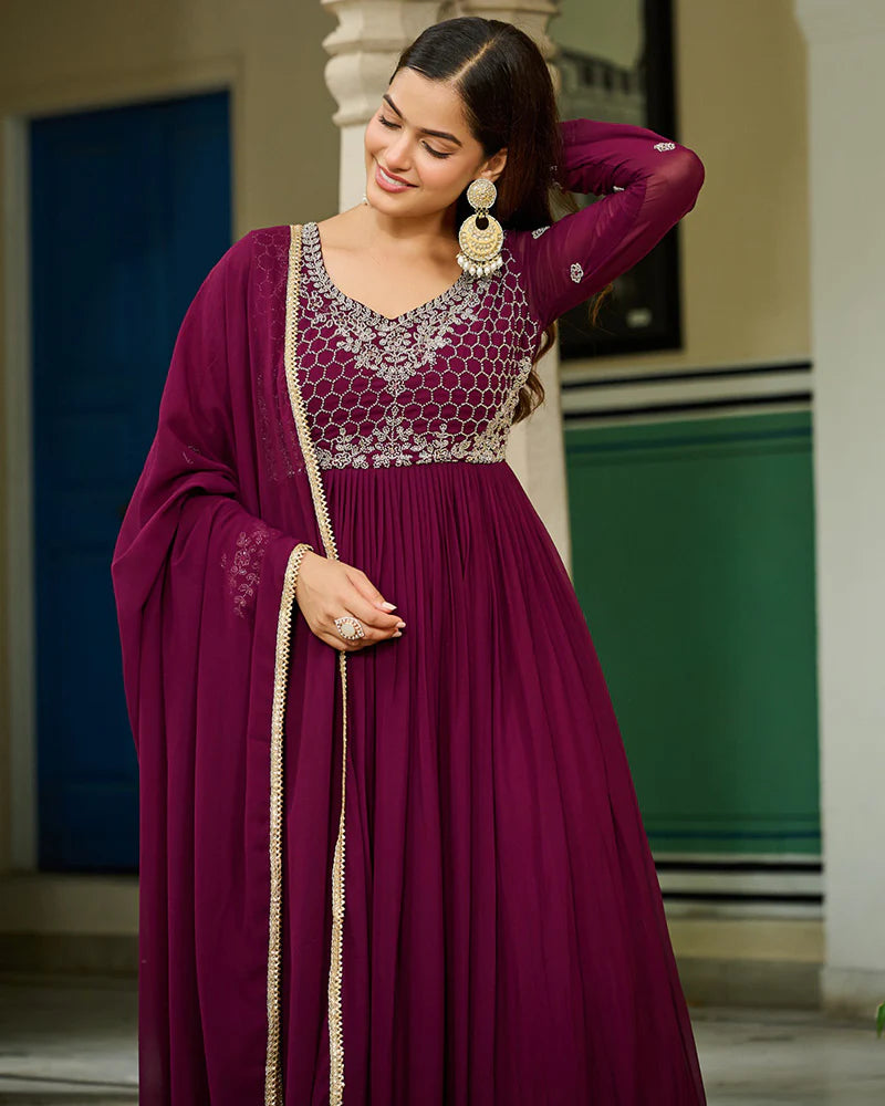 Womenline Wine Color Faux Blooming Beads Embroidered Gown