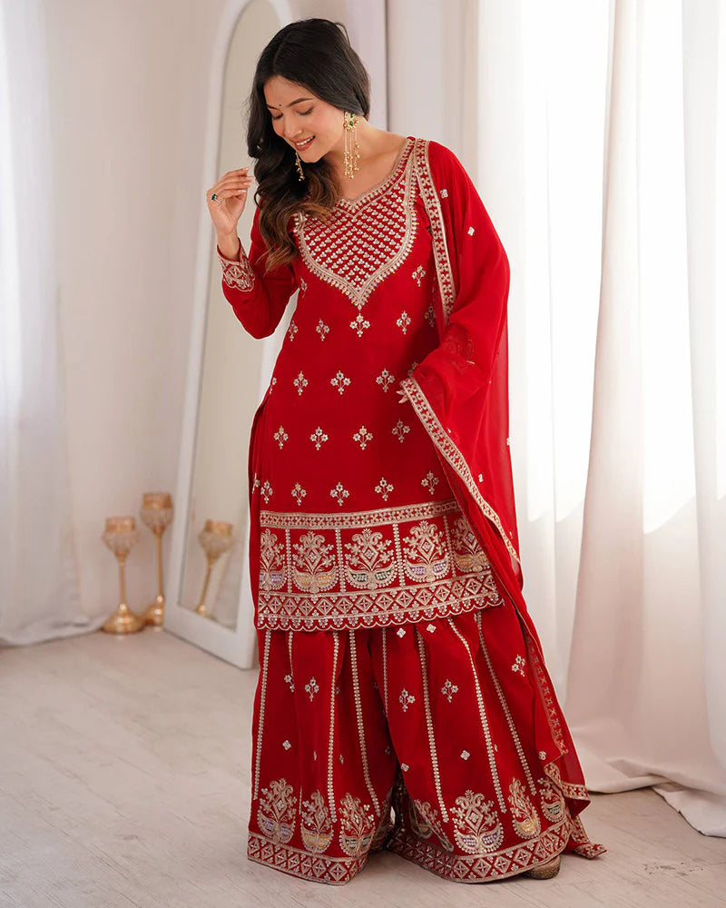 Womenline Royal Red Color Faux Georgette Embroidered Plazzo Suit