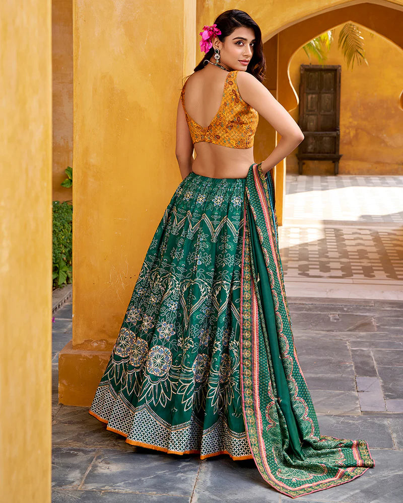 Womenline Bottle Green Color Vichitra Silk Printed And Embroidered Lehenga Choli