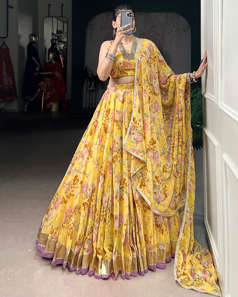 Womenline Yellow Color Chiffon Printed Lehenga Choli