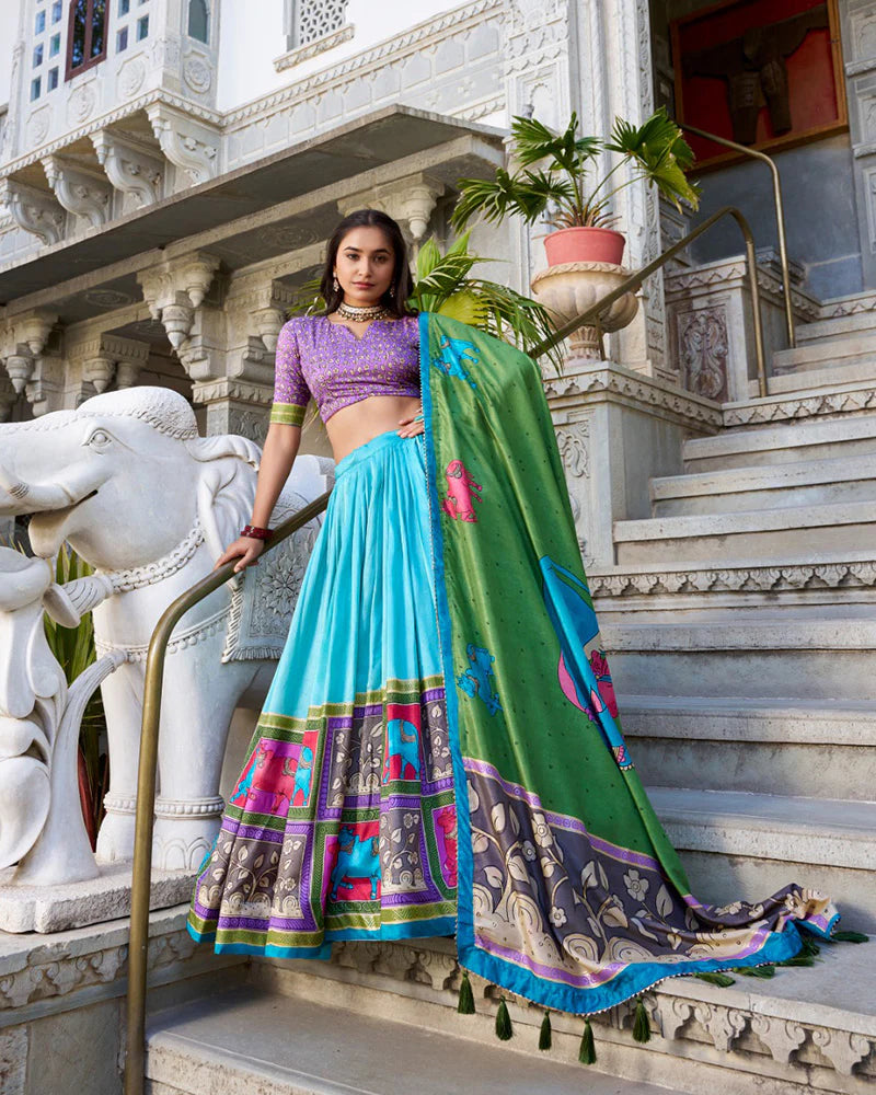 Womenline Sea Green Color Tussar Silk Kalamkari Printed Lehenga Choli