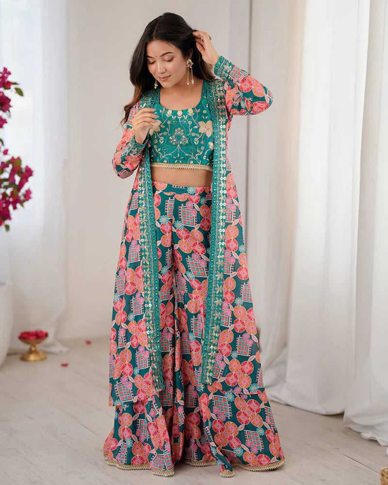 Womenline Bottle Green Color Muslin Cotton Printed Plazzo Suit