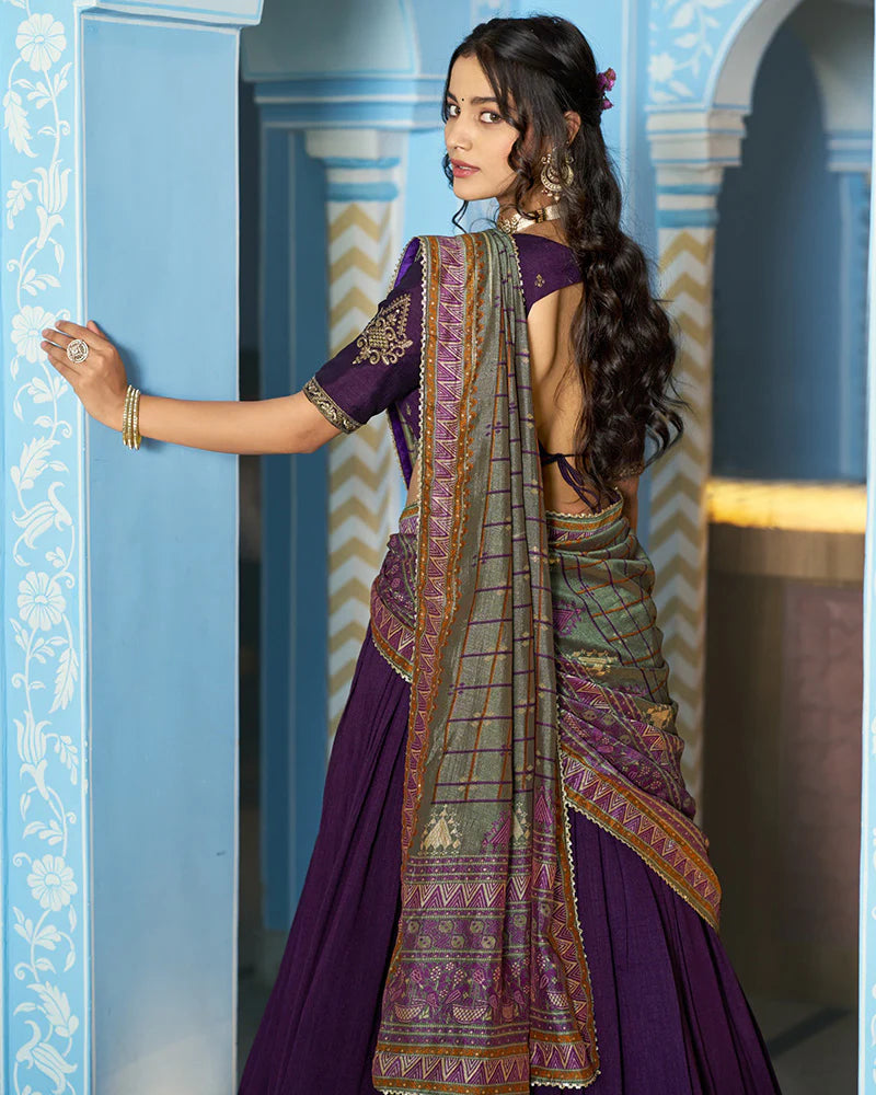 Womenline Elegant Dark Purple Embroidered Vichitra Silk Lehenga Choli