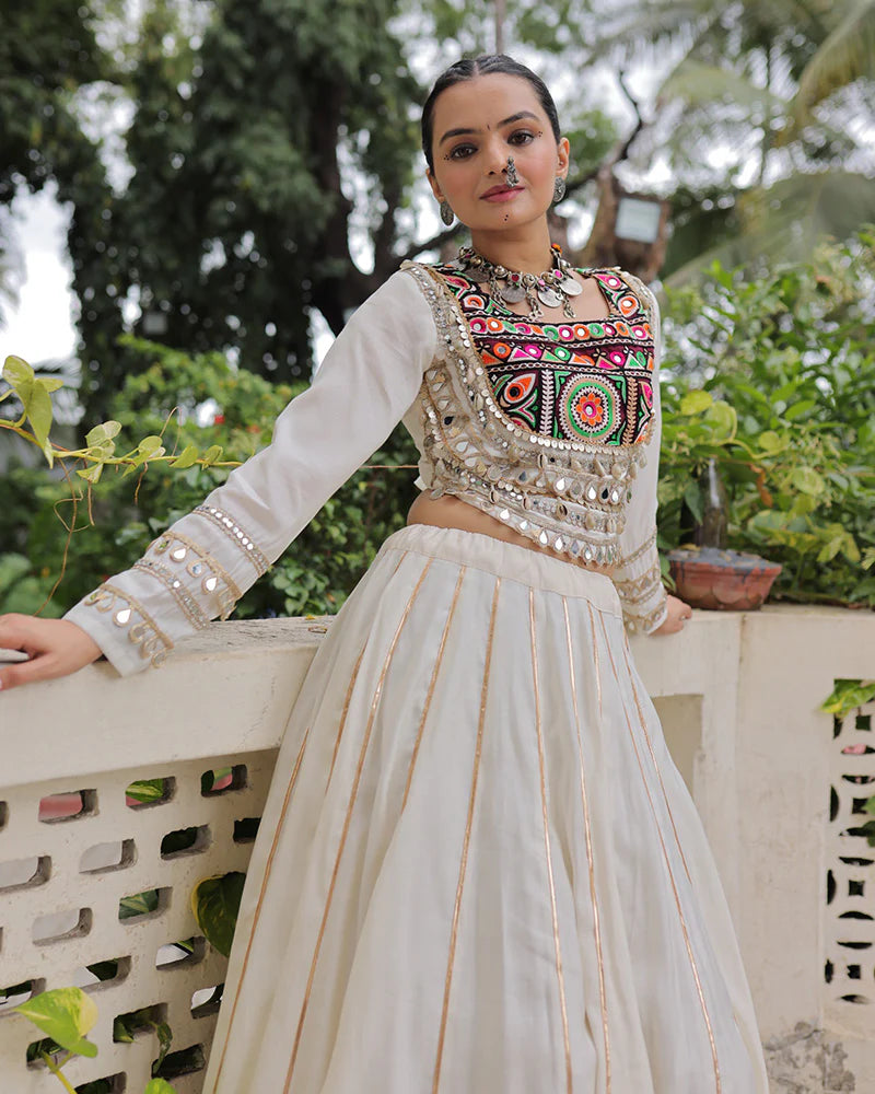 Womenline Off-White Color Roman Silk Navratri Lehenga Choli