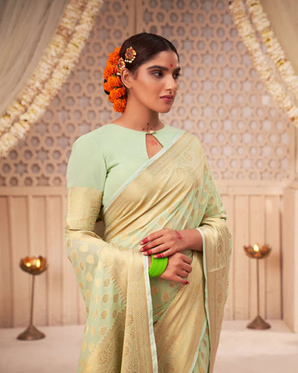 Womenline Pista Color Banarasi Jacquard Soft Silk Saree