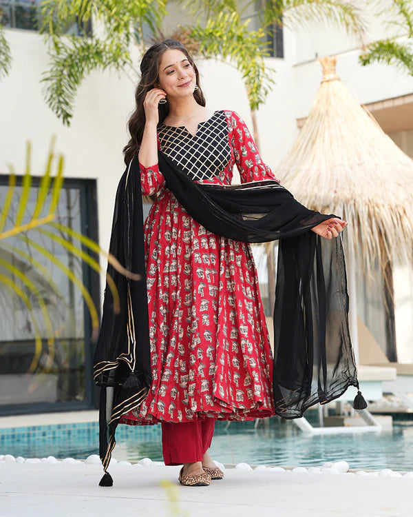 Womenline Red And Black Color Printed Pure Cotton Anarkali Suit