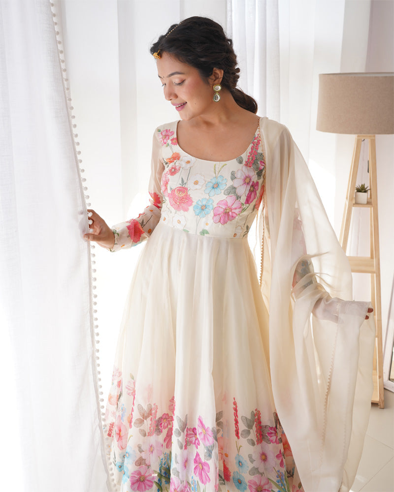Womenline Off White Floral Print Organza Three Piece Anarkali Suit