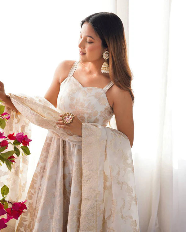 Womenline Off-White Color Banarasi Jacquard Silk Anarkali Suit