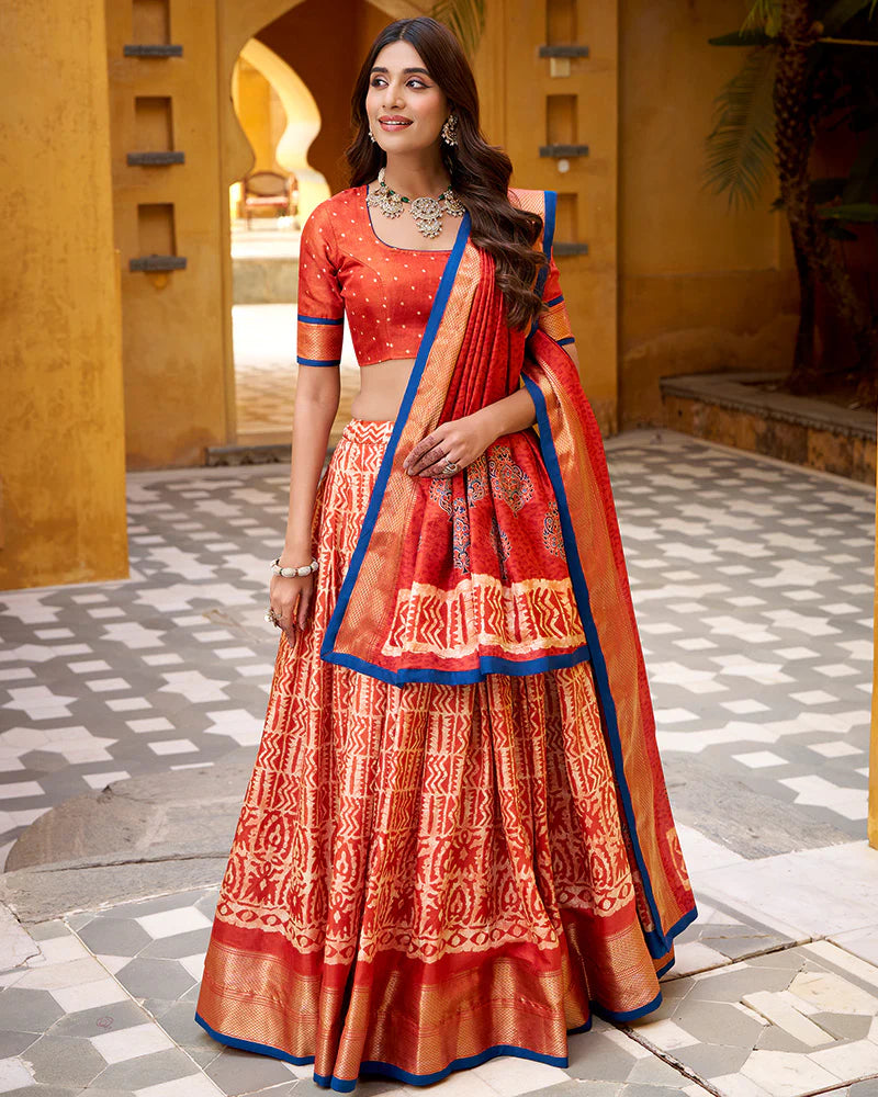 Womenline Rust Orange Color Dola Silk Batik Printed Lehenga Choli