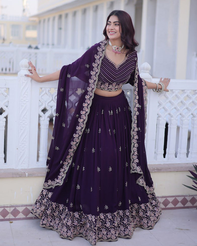 Womenline Royal Purple Color Blooming Embroidered Lehenga Choli