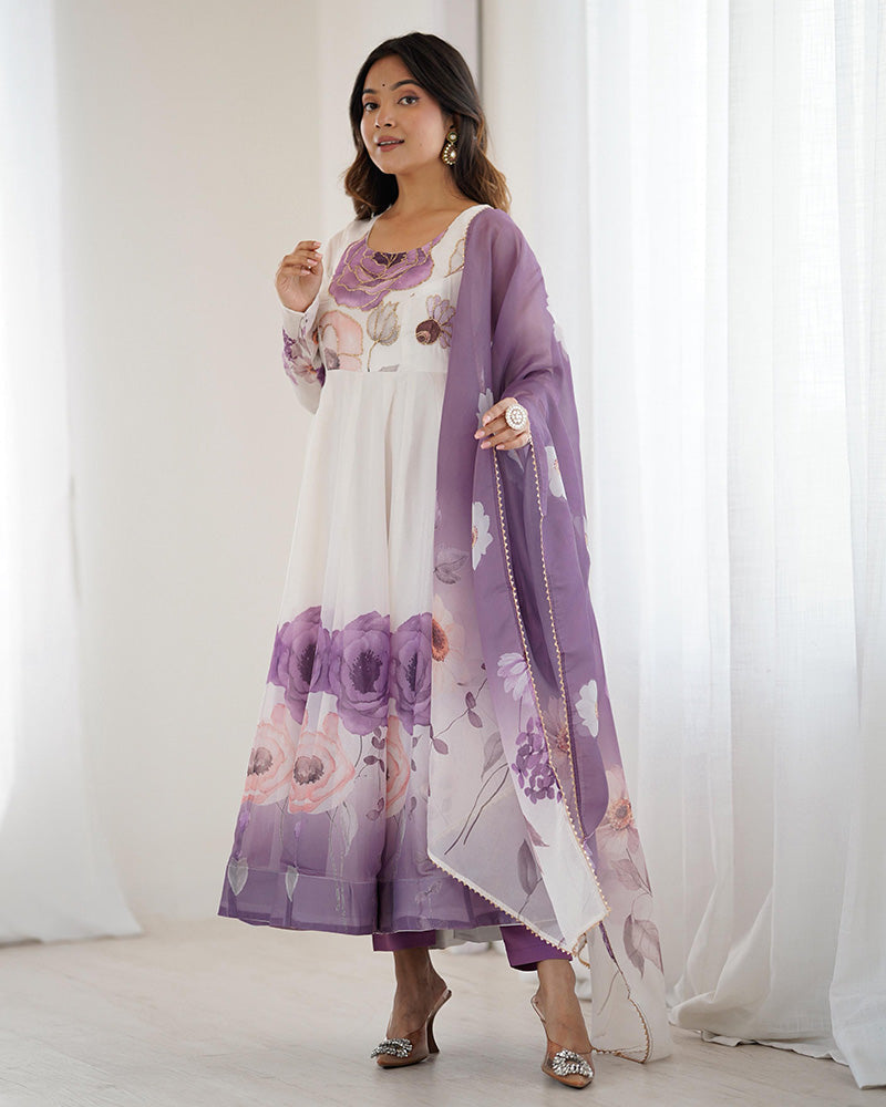 Womenline Violet Color Floral Pure Soft Tebby Organza Three Piece Anarkali Suit