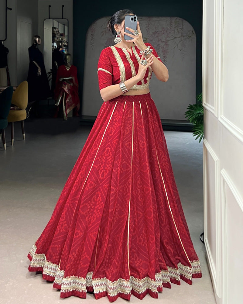 Womenline Red Color Chiffon Bandhej Printed Navratri Lehenga Choli