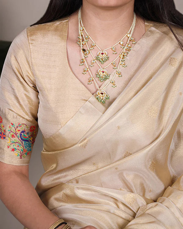 Womenline Cream Color Zari Weaving Tissue Paithani Saree