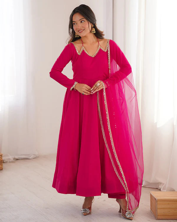 Womenline Rani Pink Color Chanderi Roman Silk Three Piece Anarkali Suit