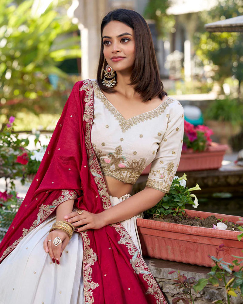 Womenline Off-White Color Vichitra Silk Thread Embroidered Lehenga Choli