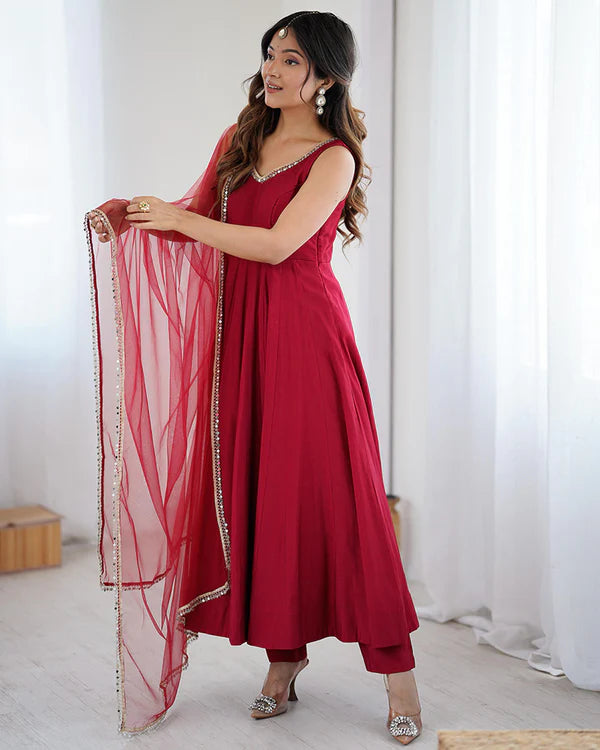 Womenline Maroon Color Chanderi Pure Roman Silk Anarkali Suit