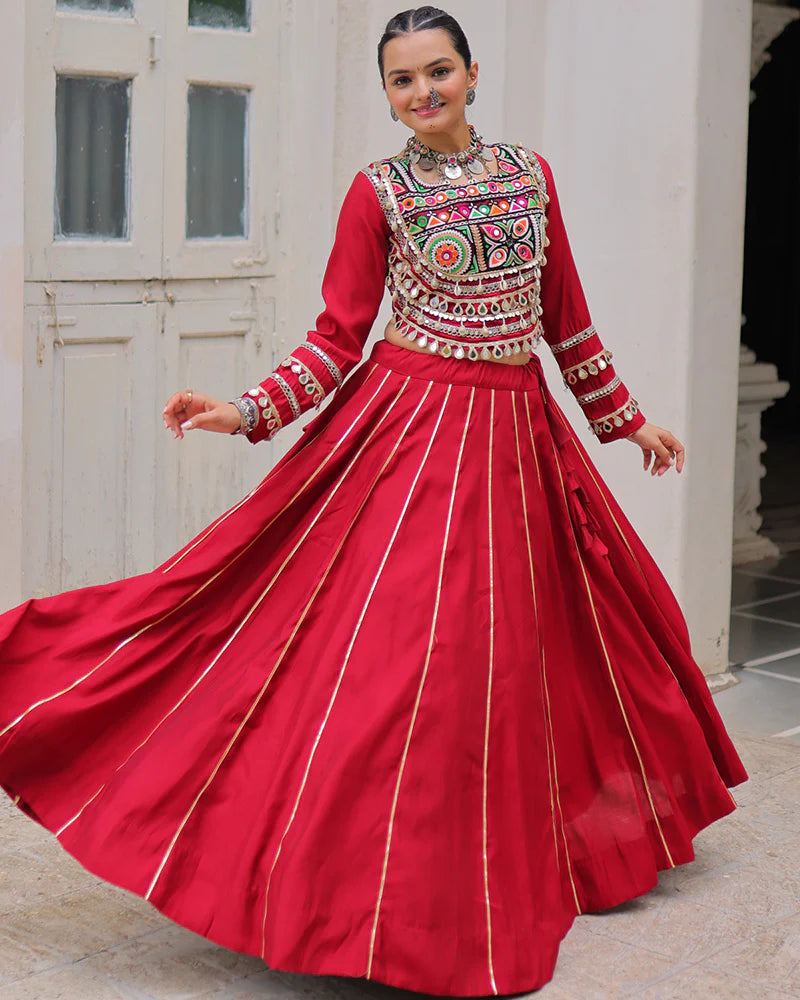 Womenline Maroon Color Roman Silk Navratri Lehenga Choli