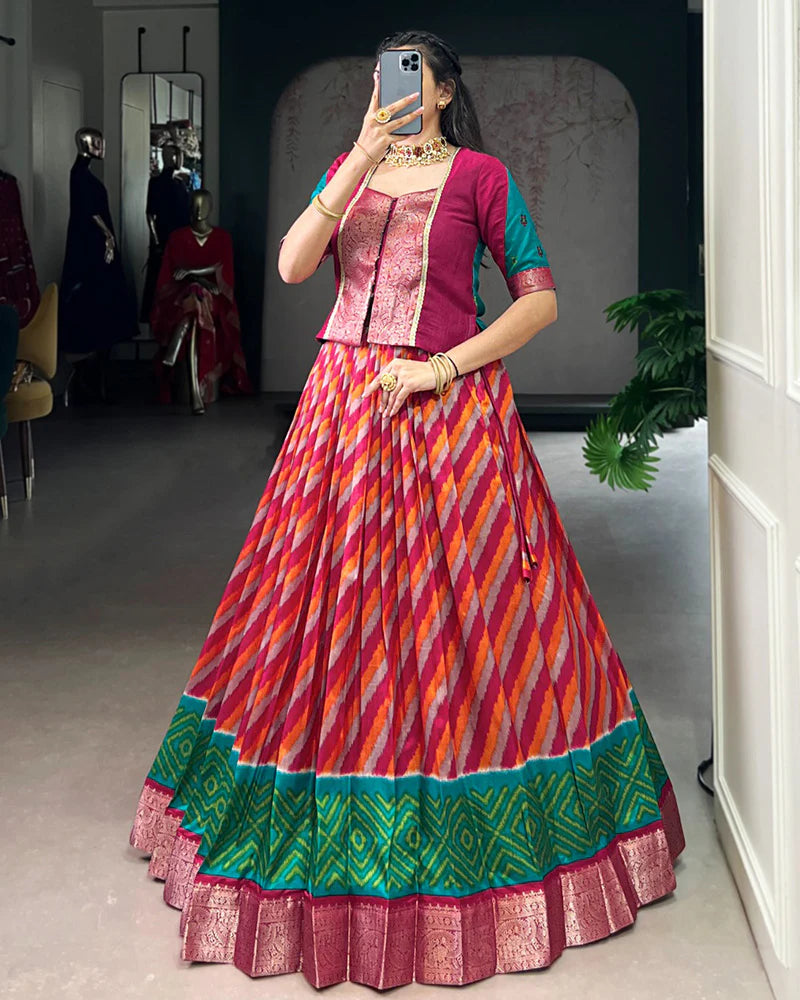 Womenline Red Color Tasar Silk Laheriya Printed Lehenga Choli