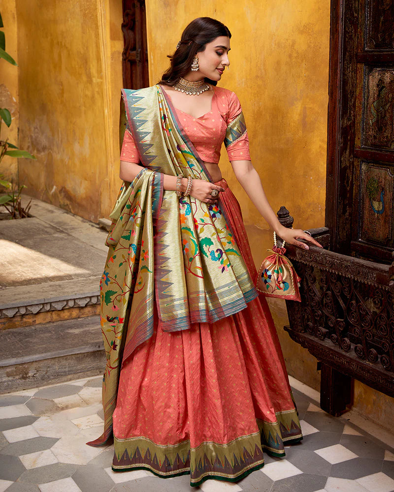 Womenline Peach Color Paithani Silk Zari Weaving Lehenga Choli
