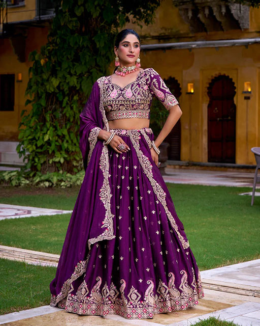 Womenline Purple Color Rangoli Crush Embroidered Lehenga Choli
