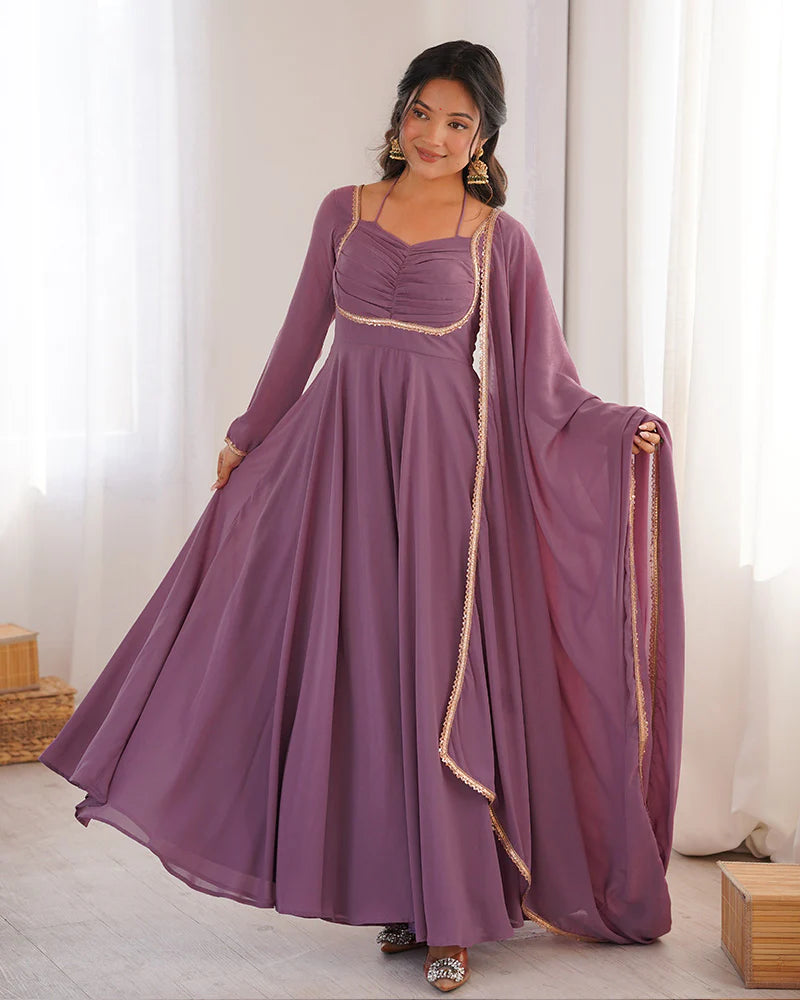 Womenline Mauve Pink Color Pure Blooming Georgette Anarkali Gown