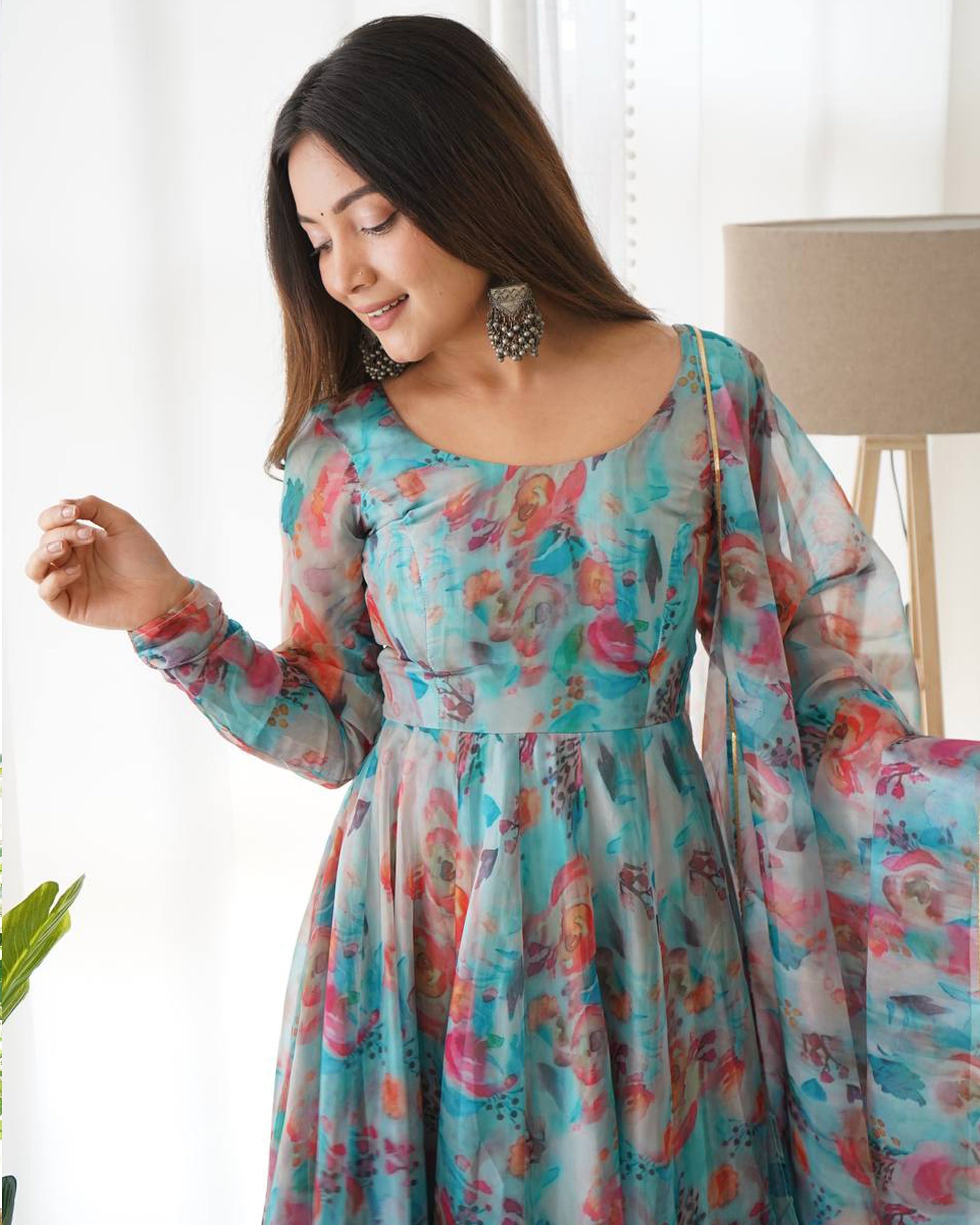 Womenline Sky Blue Multi Color Print Organza Three Piece Anarkali Suit