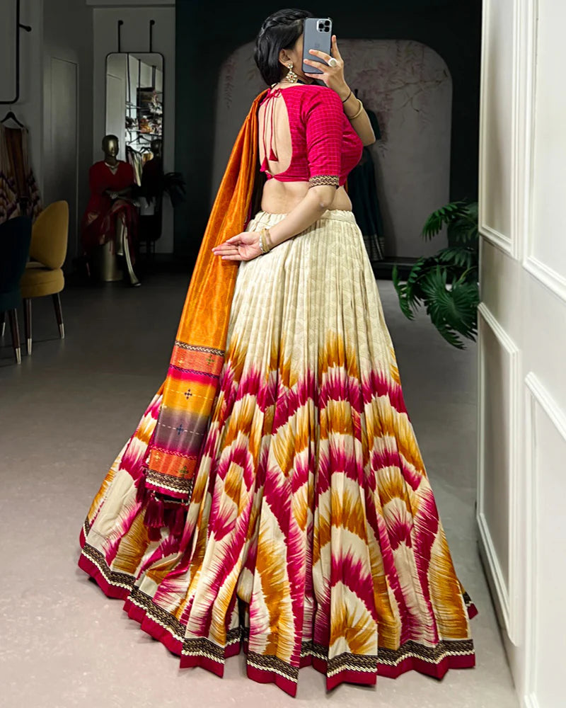 Womenline Red Color Tasar Silk Dye Printed Lehenga Choli