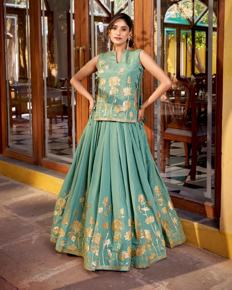 Womenline Sky Blue Color Pure Shimmer Embroidered Lehenga Choli
