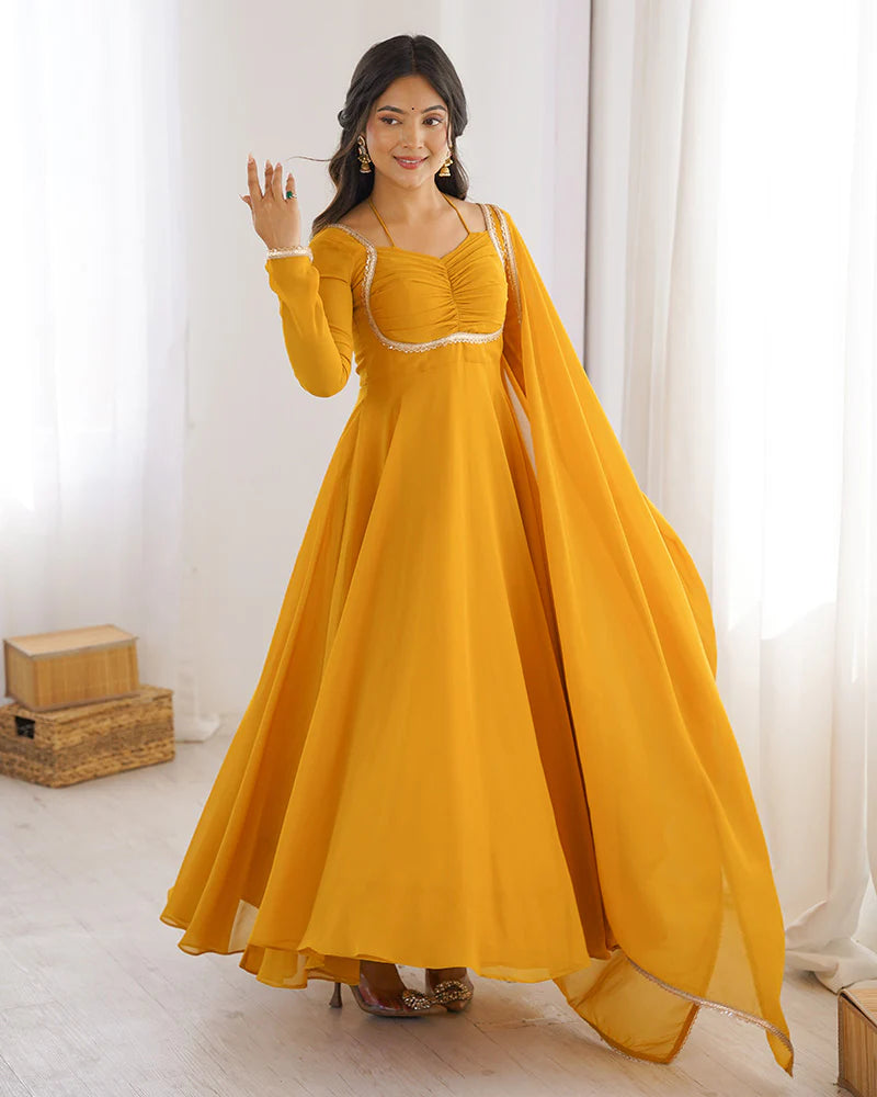 Womenline Yellow Color Pure Blooming Georgette Anarkali Gown
