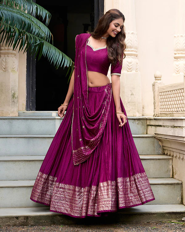 Womenline Wine Color Pure Chanderi Plain Navratri Half Saree