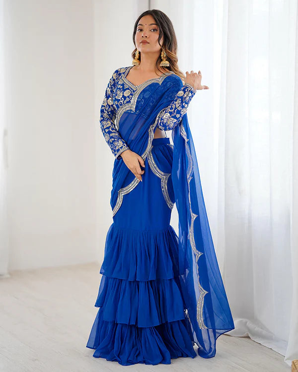 Womenline Blue Color Faux Georgette Ruffle Lehenga Saree