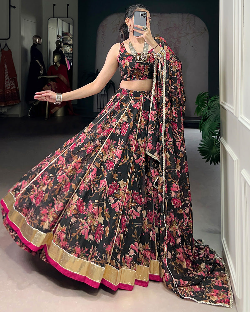 Womenline Black Color Chiffon Printed Lehenga Choli