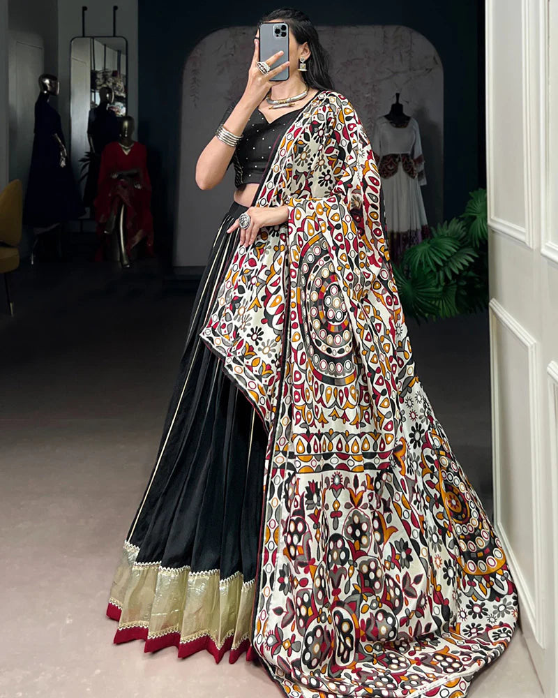 Womenline Traditional Black Color Chanderi Navratri Lehenga Choli